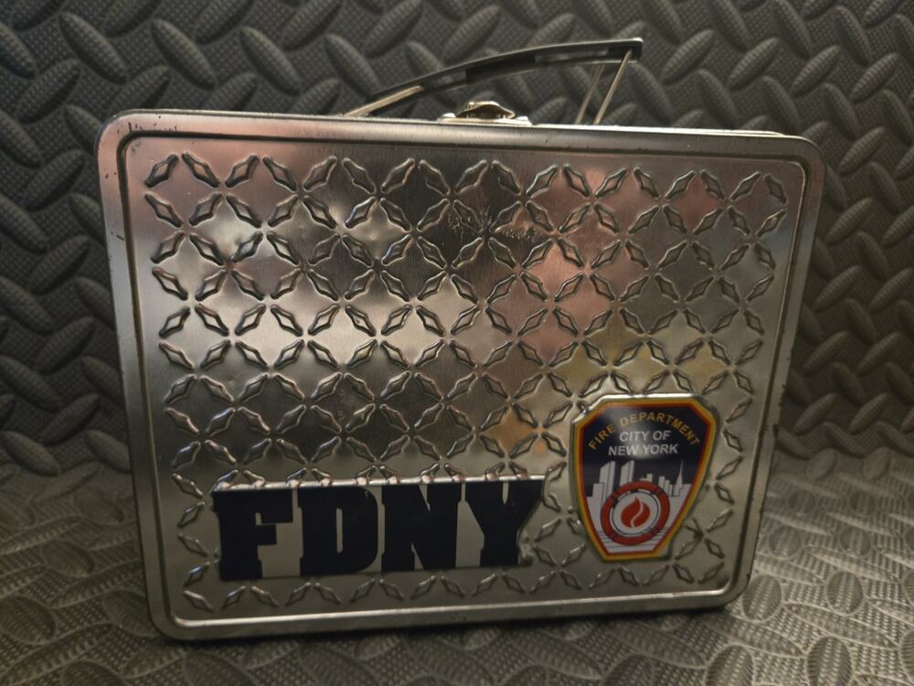 FDNY Fire Department City of New York Metal Lunch Box Empty Silver Diamond Plate